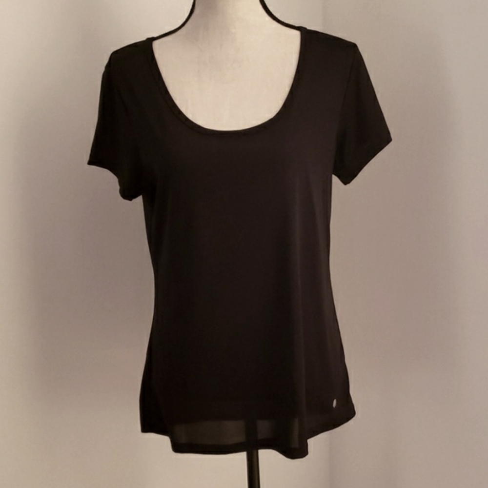 EUC, Bally black athletic top with open back ladder detail.